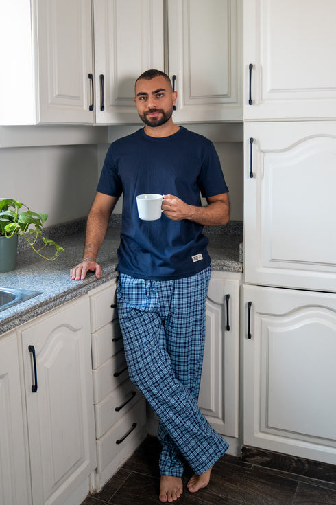Men summer pajama set Dark Blue T-shirt + Dark Blue X Light Blue Checkered Pants